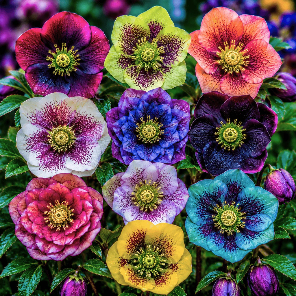 Pachet mix cu 20 plante Helleborus, flori perene elegante în culori variate, ideale pentru grădini și zone semiumbrite, cu înflorire timpurie și aspect decorativ deosebit