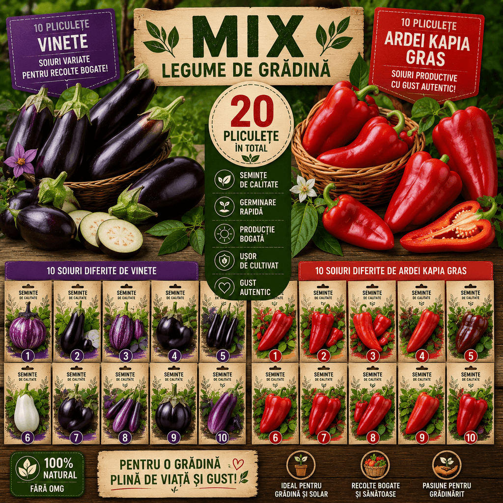 Pachet mix cu 20 pliculețe de semințe de vinete și ardei kapia gras, soiuri productive pentru grădină, ideale pentru obținerea unor recolte bogate și legume gustoase