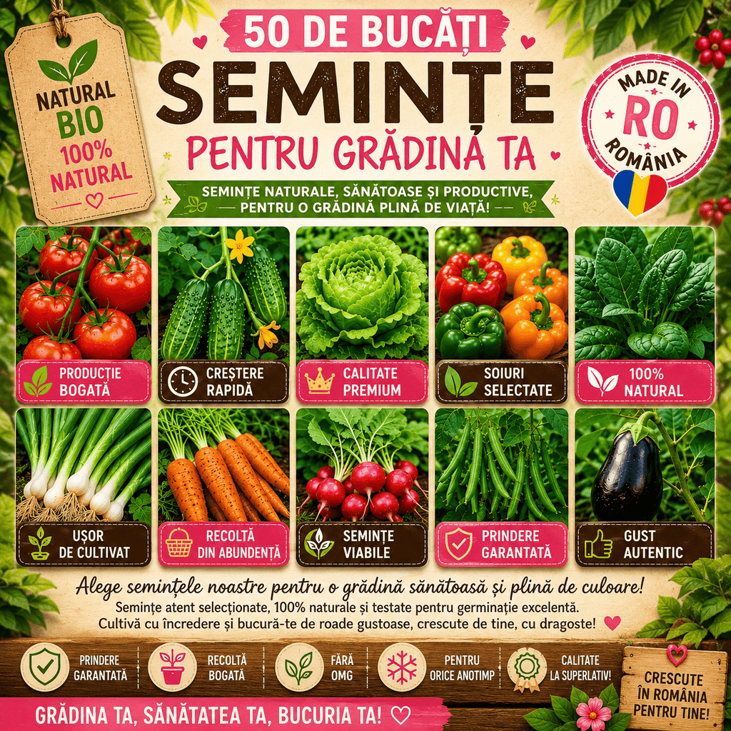 Pachet mix cu 50 de plicuri de semințe de legume, conținând o varietate bogată de soiuri pentru grădină, ideale pentru cultivarea legumelor proaspete și obținerea unor recolte diversificate