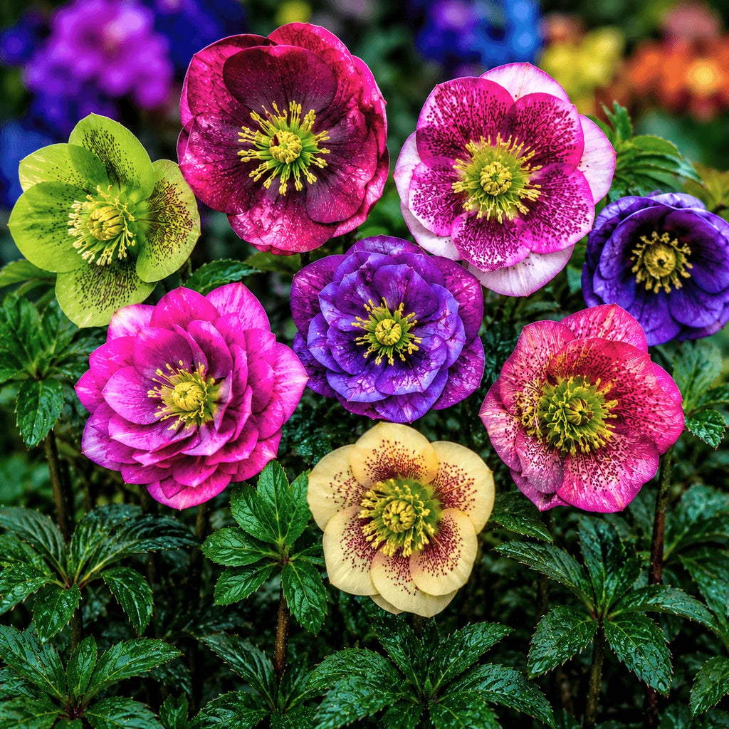 Pachet mix cu 5 bulbi de Helleborus, flori perene elegante și rezistente, în culori variate, ideale pentru grădini și zone semiumbrite, cu aspect decorativ rafinat