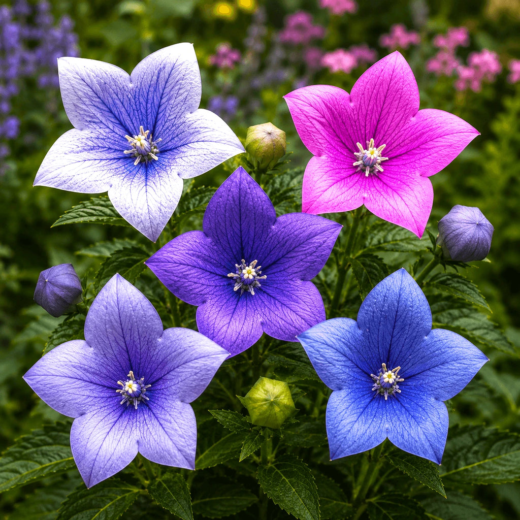 Pachet mix cu 5 plante Platycodon, flori elegante în formă de stea, în culori variate, ideale pentru grădini, borduri și ronduri, cu înflorire decorativă și aspect deosebit.