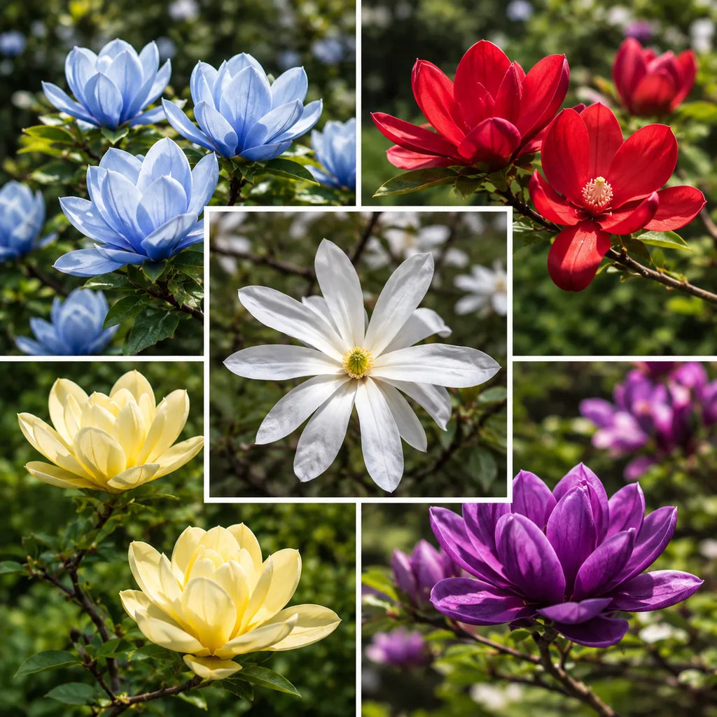 Pachet premium cu 5 magnolii la ghiveci în culori rare și variate, inclusiv albastru, roz, alb, mov și galben, ideale pentru grădini și amenajări peisagistice elegante, cu înflorire spectaculoasă primăvara