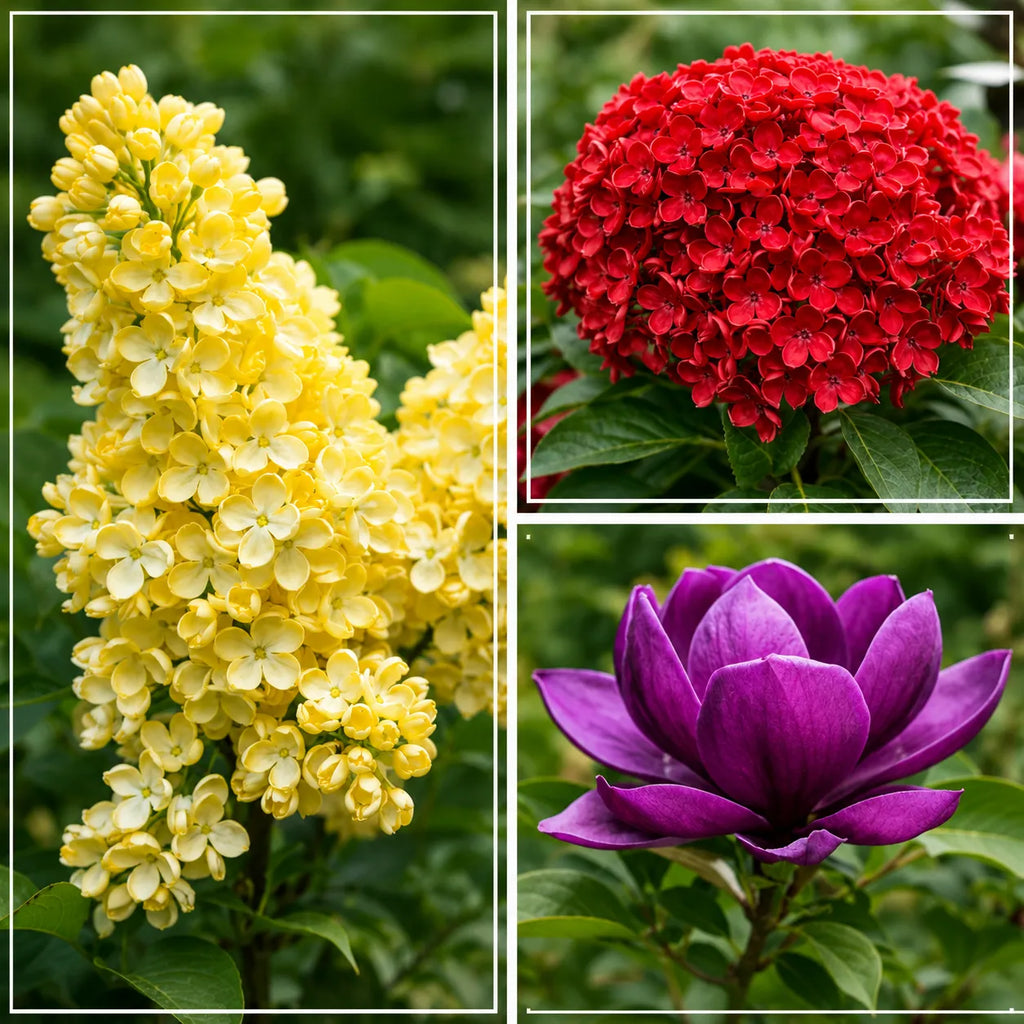Pachet premium cu Liliac Galben, Hortensie Roșie și Magnolia Mov, plante ornamentale cu flori spectaculoase și culori contrastante, ideale pentru grădini elegante, amenajări peisagistice și decoruri de impact