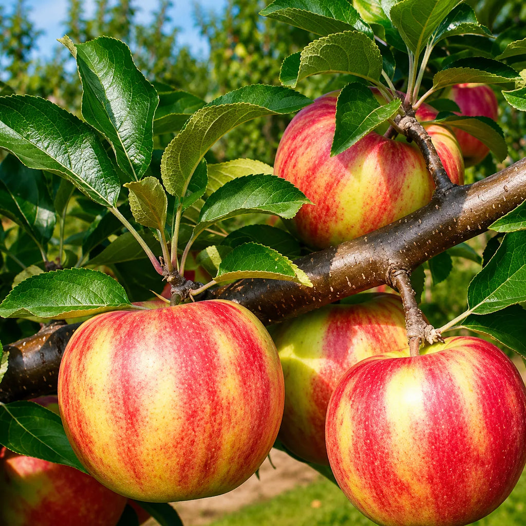 Pom fructifer Mar Karneval, soi de toamna cu mere mari, rosii cu dungi galben-portocalii, dulci si suculente, ideal pentru gradini, livezi si consum proaspat