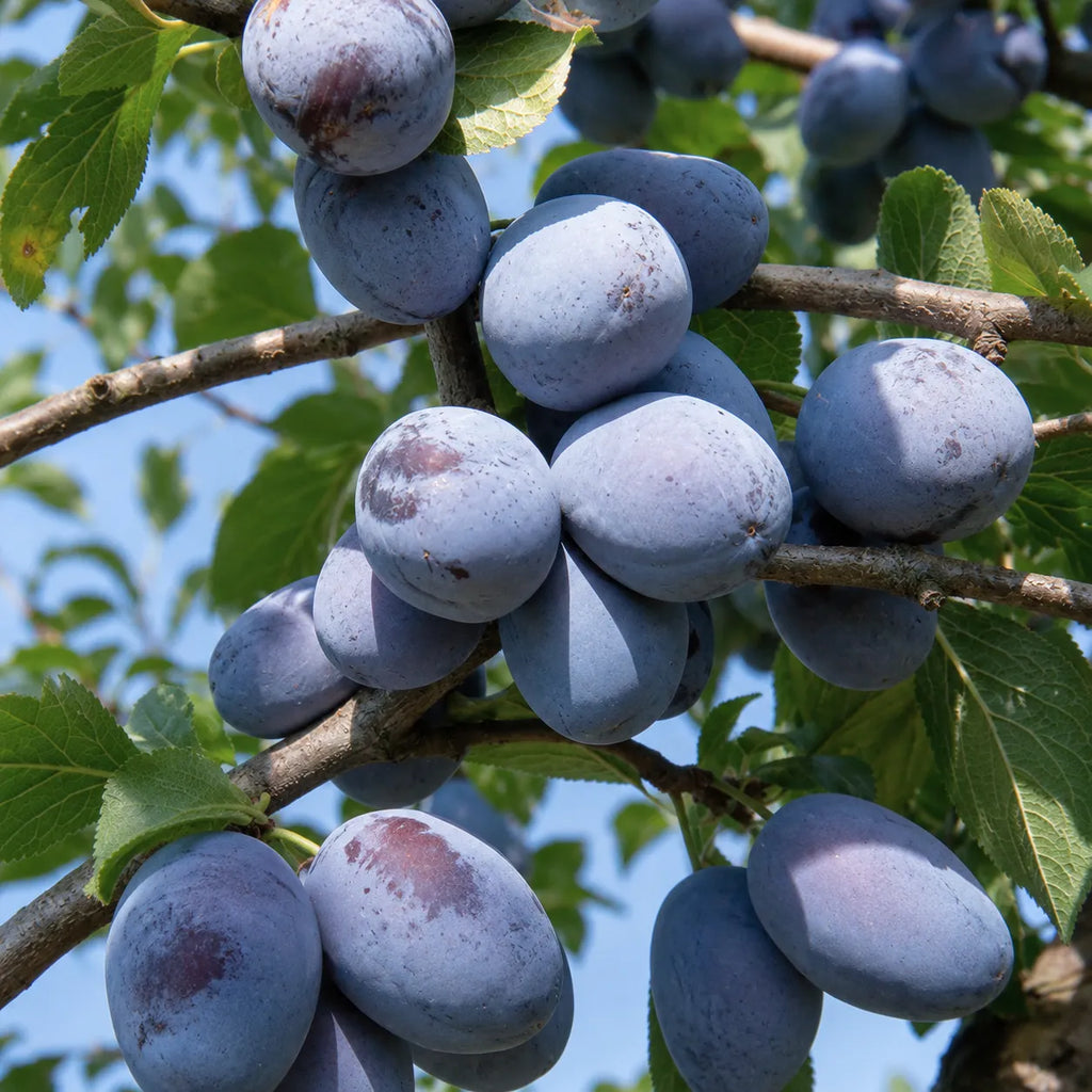 Pom fructifer Prun Bluefree, soi productiv cu prune mari, albastru-violet, dulci-acrisoare si suculente, ideal pentru gradini, livezi si consum proaspat
