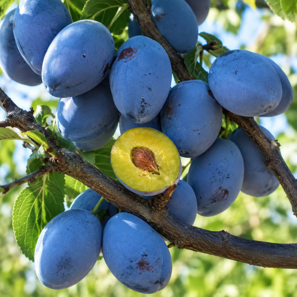 Prun Tuleu Gras, pom fructifer altoit cu fructe aromate si pulpa galben-verzuie, potrivit pentru gradini familiale, livezi si recolte bogate in fiecare toamna