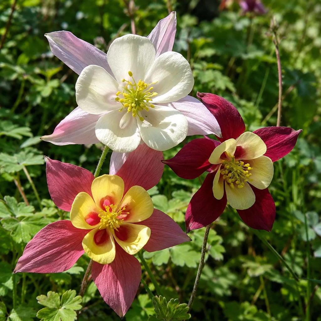 Radacina Aquilegia McKana Hybrids, planta perena cu inflorire abundenta si flori bicolore elegante, ideala pentru cottage garden, borduri si buchete