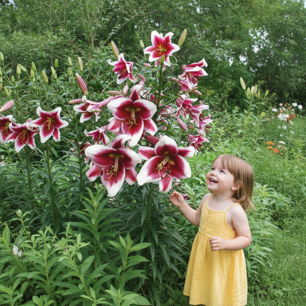 Bulbi de Crini Friso (Lilium oriental) – flori uriașe, parfumate, alb cu roz intens, perfecți pentru borduri, ronduri și flori tăiate.