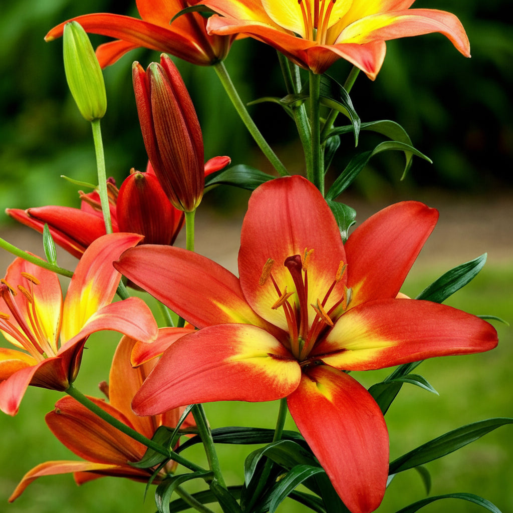 Bulbi de Crini Forever Linda (Lilium asiatic) – flori mari, roșu aprins, potriviți pentru borduri, ronduri și aranjamente florale de vară.
