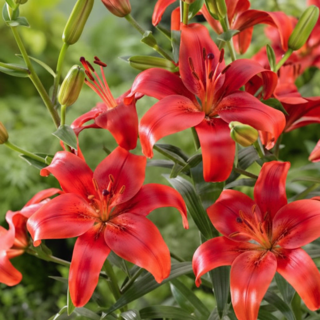 Bulbi de Crini Red County (Lilium asiatic) – flori roșu aprins, înflorire spectaculoasă vara, potriviți pentru borduri și ronduri.